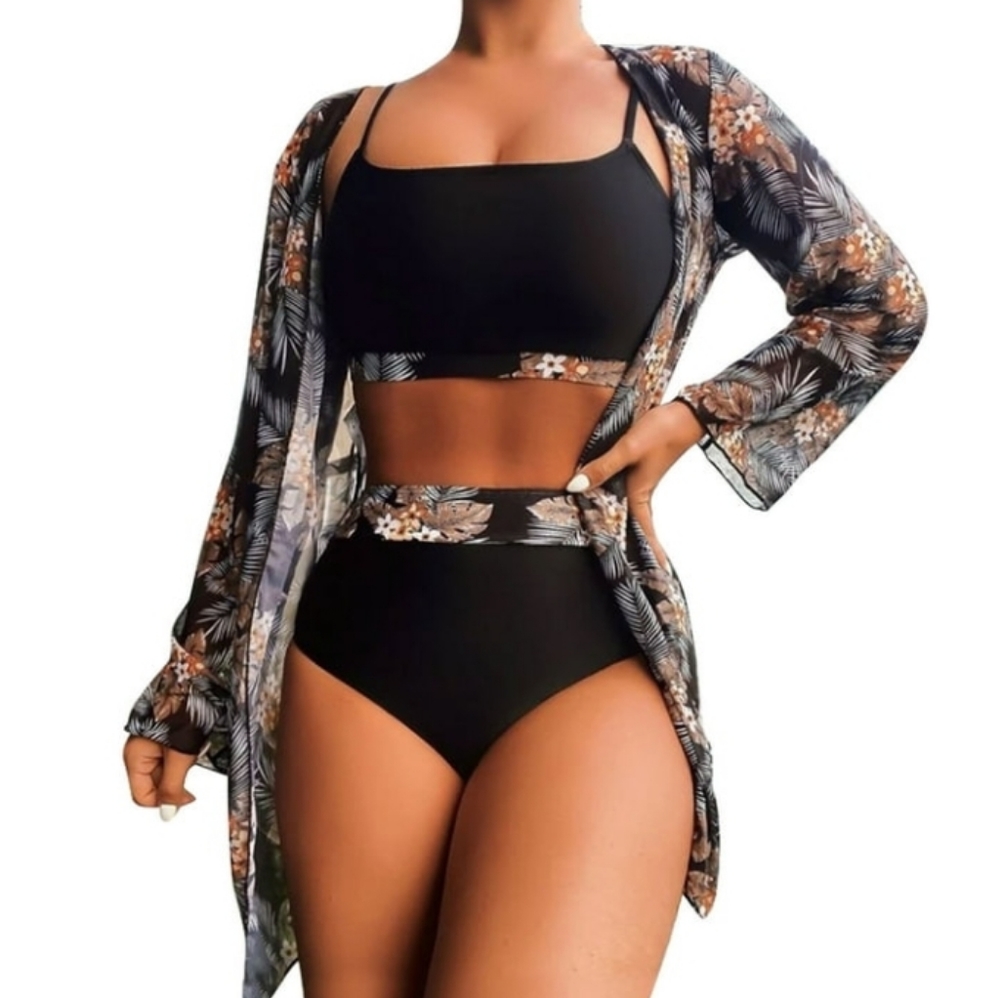 NWOT 3 Piece Swim Bikini With Coverup Tropical Women's Small Coverage Black Oran